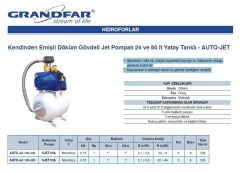 Grandfar -Jet 100-50lt 1Hp 220V Jet Pompalı ve 50 Litre Yatay Tanklı Kendinden Emişli Döküm Gövdeli Paket Hidrofor