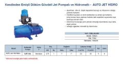 Grandfar AUTO-Jet 100 Hidro 1Hp 220V Jet Pompalı ve Hidromatlı Kendinden Emişli Döküm Gövdeli Paket Hidrofor